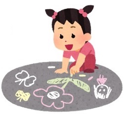道路にチョークで絵を描いている子供のイラスト