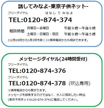 話してみなよ　東京子供ネット　電話番号は　フリーダイヤル0120-874-374　月曜日から金曜日までは午前9時から午後9時分まで　土曜日･日曜日・祝日は午前9時から午後5時まで　ただし、12月29日から1月3日を除きます。携帯電話からも相談できます。　　メッセージダイヤル　電話番号はフリーダイヤル0120-874-376、吹込み専用は0120-874-378、24時間受け付けています。携帯電話からも利用できます。